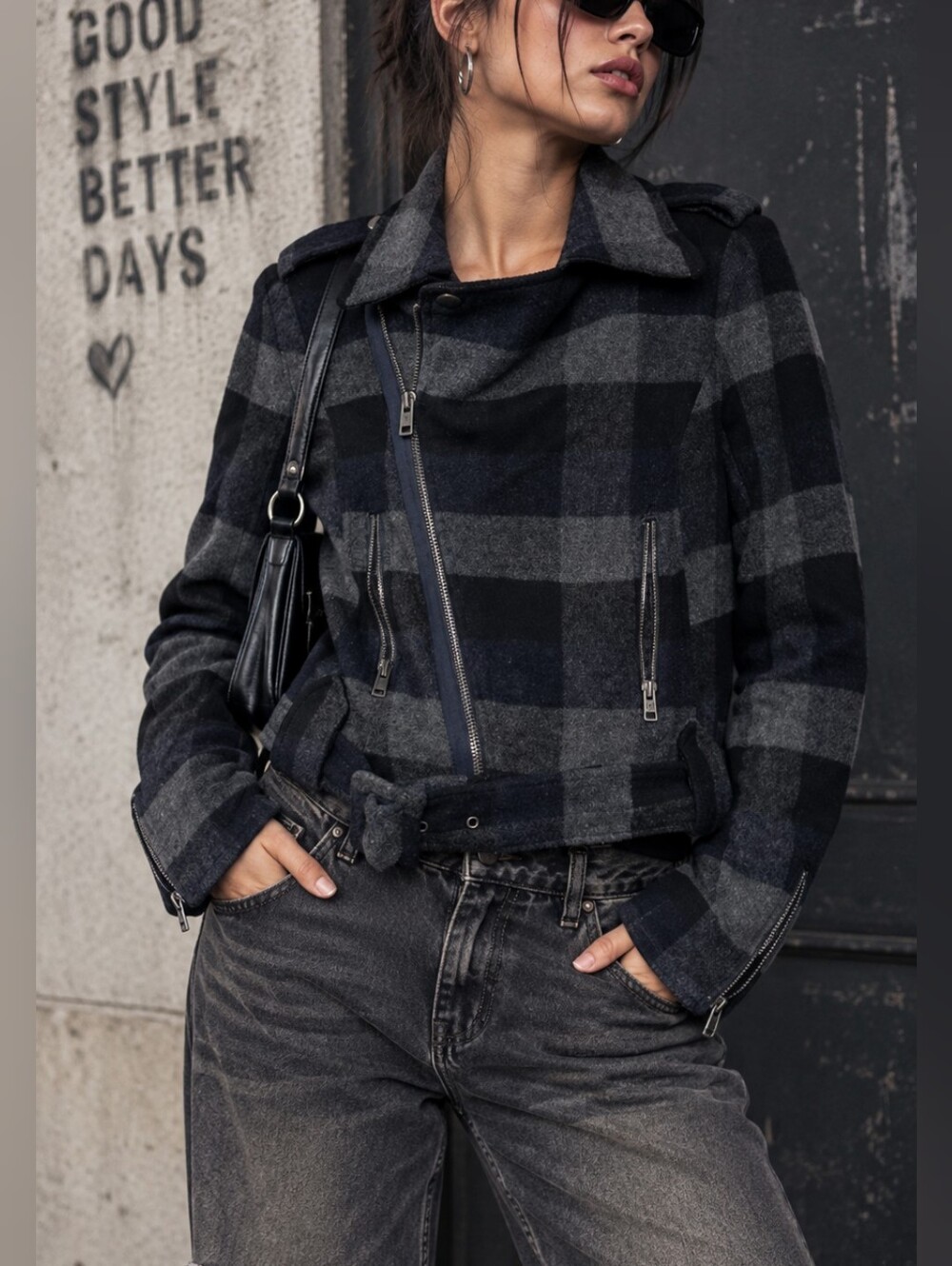 American Eagle OutfittePlaid Wool Blend Moto Jacket Asymmetrical Zip Size S